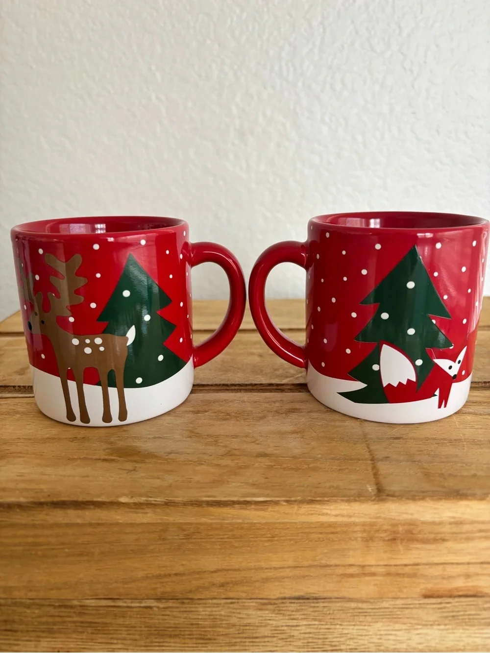Crate & Barrel Christmas Mini Mugs Set of 2 Red Holiday Woodland Fox Deer Cups